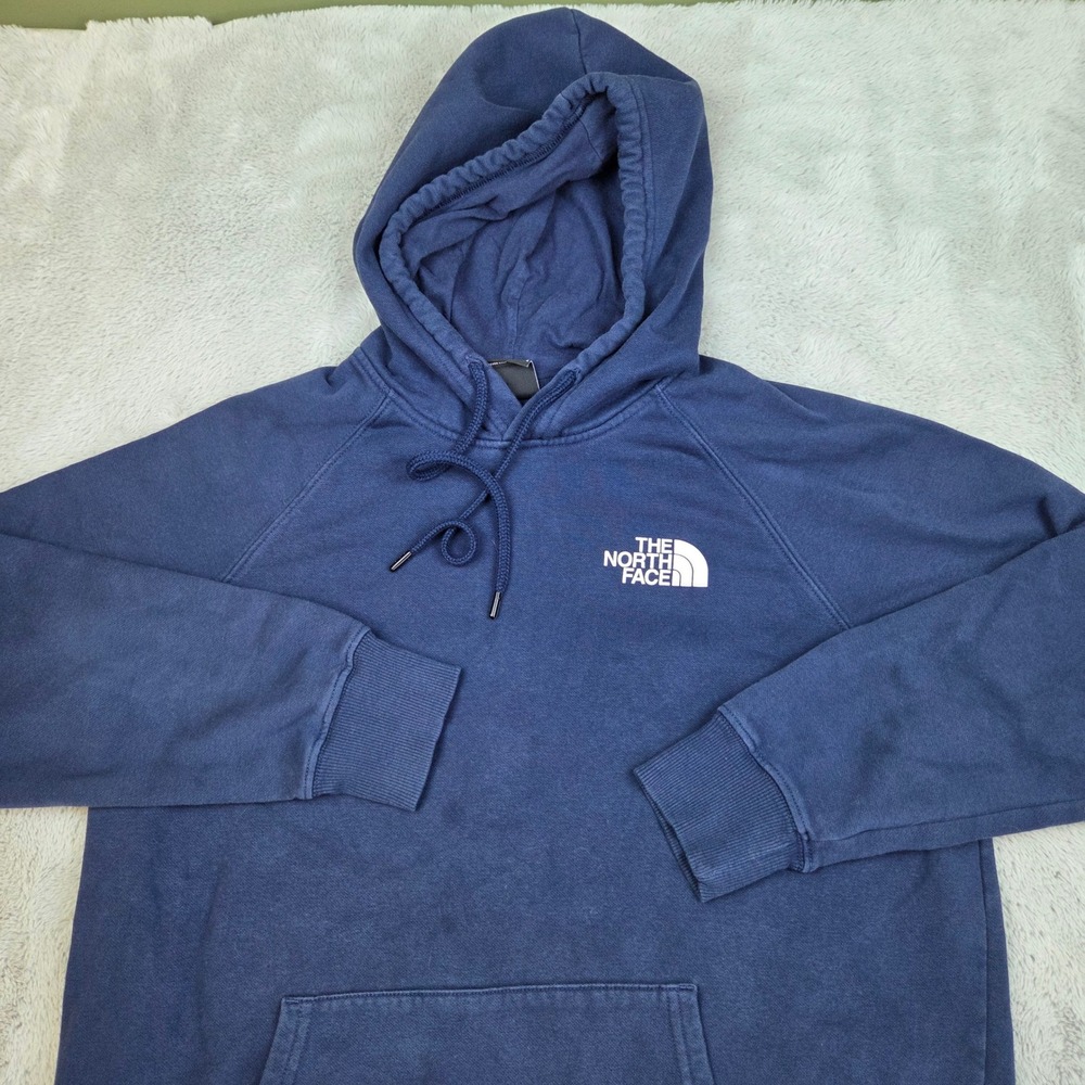 The North Face Pullover Hoodie Womens Sz L Graphic Logo Raglan Sleeve Navy Blue